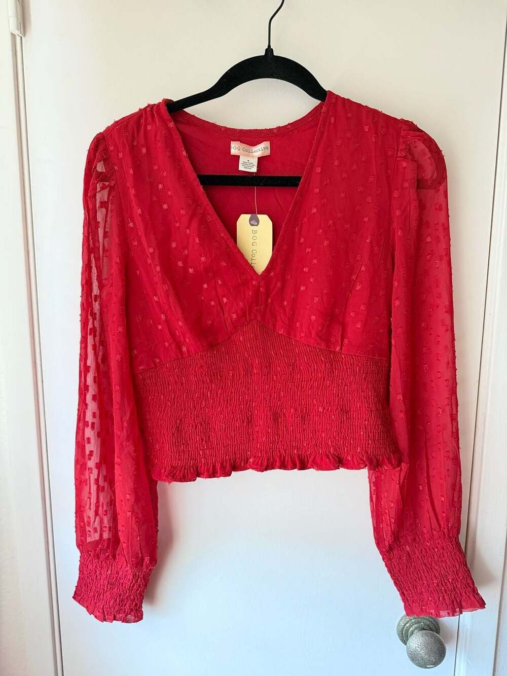 B.O.G. Collective Red Burnout Dot Smocked Cropped Long Sleeve Blouse